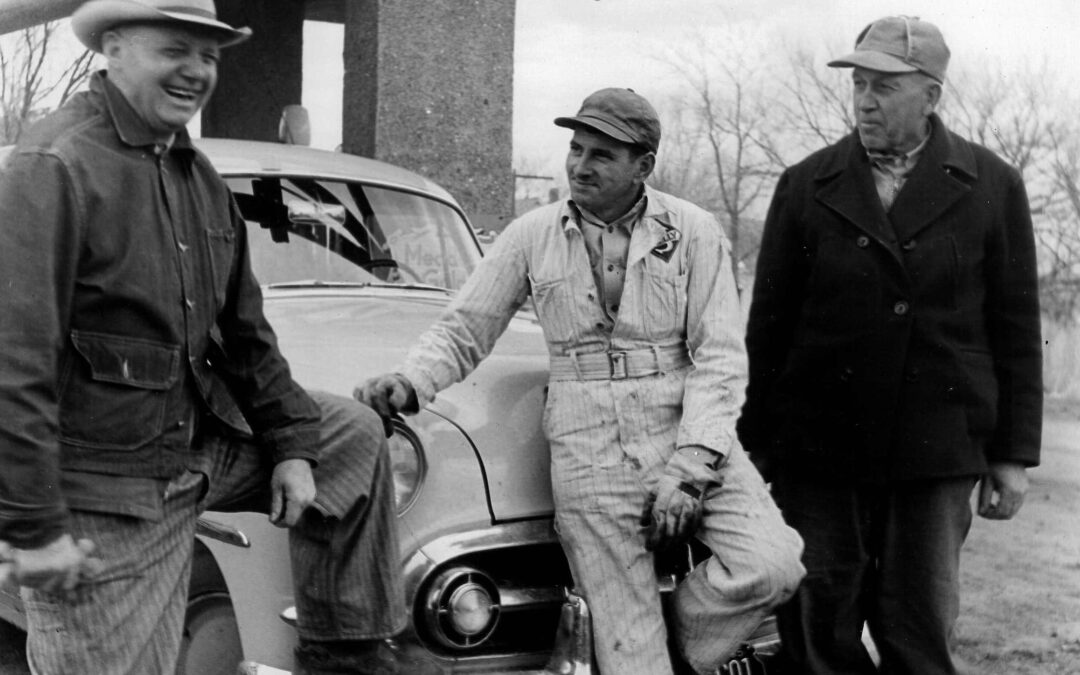 1955 Feb, Henry Rogler, John Ott, Robert Mercer in front of Ott filling station, MFG