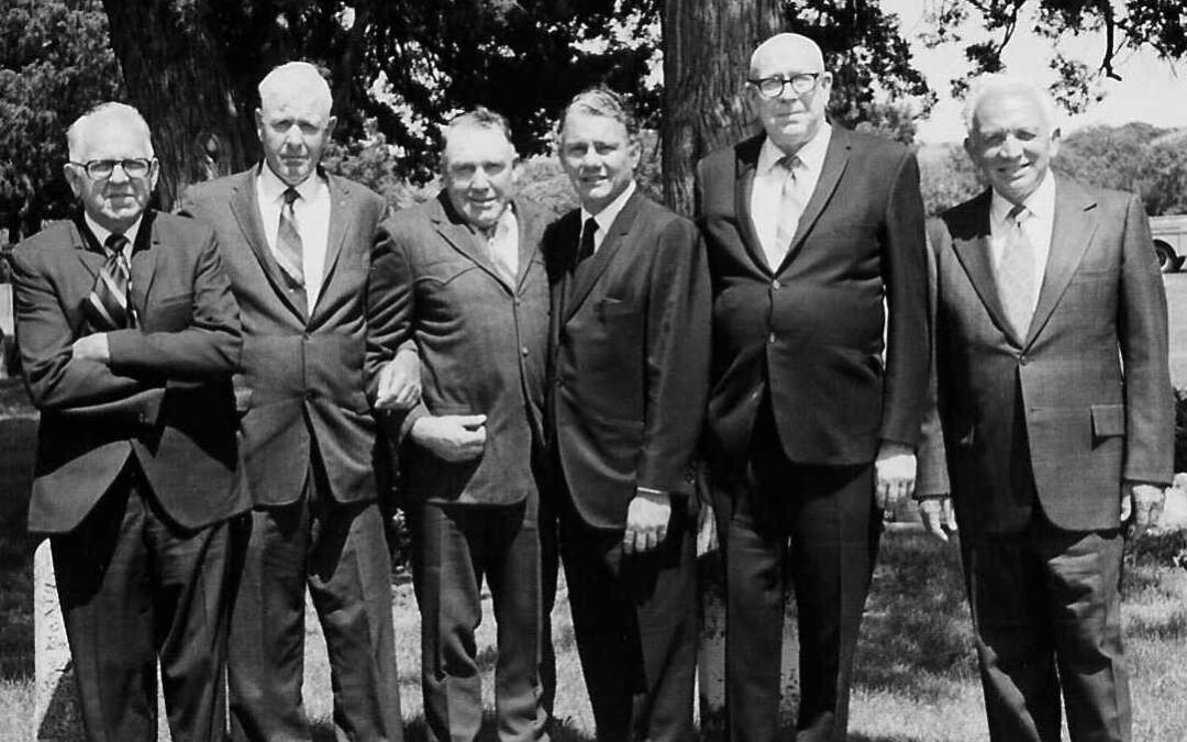 1972, June 1 at Henry’s funeral, Lloyd and Roland Rogler, George Yeager, Charlito Rogler, Jim Beedle, Dick Wood grayscale