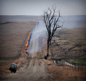 Prairie burn and smoke, road view